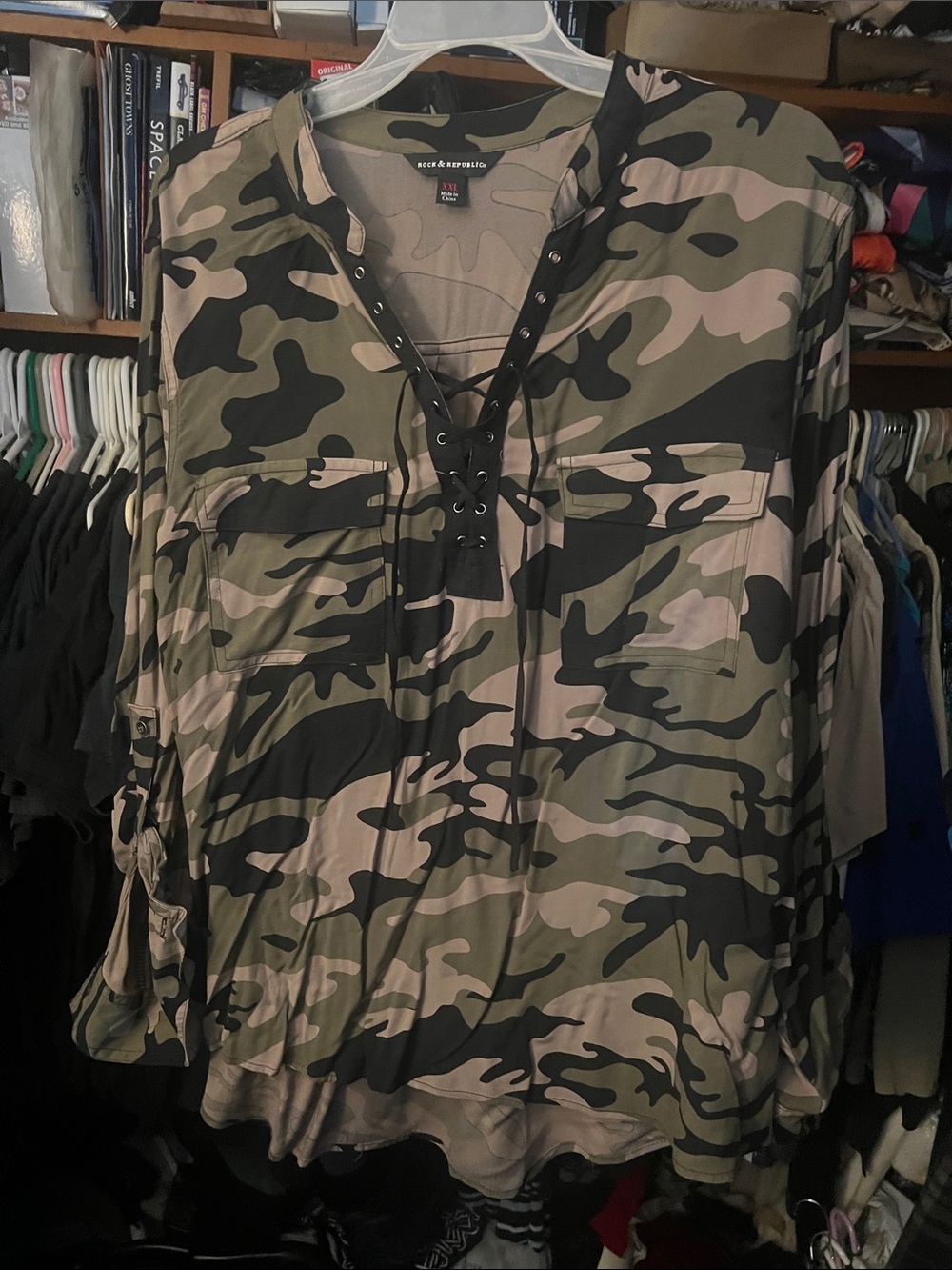 Rock & Republic women’s  Lace-Up Camouflage Button Down Shirt - Green & Black
